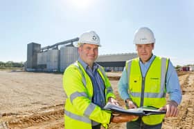 Fulcrum’s Business Development Leader Robin Rees (left) and Camgrain Site Manager Reece Carpenter (right) on the site of the new cereal processing facility.