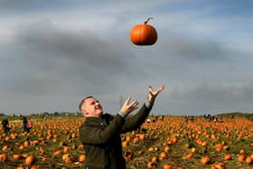 Man throws a pumpkin into the air. (Pic credit: Neil Cross)