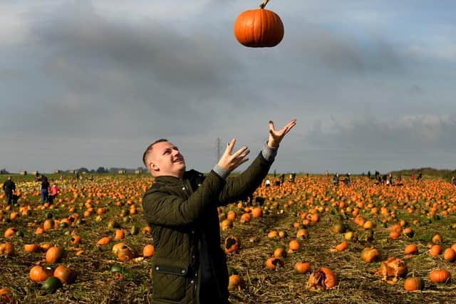 Man throws a pumpkin into the air. (Pic credit: Neil Cross)