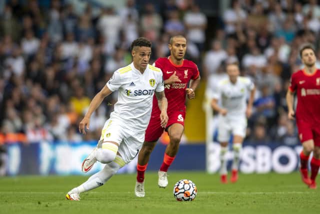 Leeds United's Rodrigo sprints away from Liverpool's Thiago.  Picture: Tony Johnson