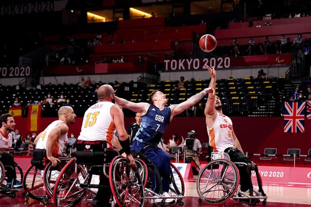 Great Britain's Terry Bywater stretches to reach the ball ahead of Spain's Alejandro Zarzuela Beltran competes in the Wheelchair basketball Bronze medal match at the Ariake Arena during day twelve of the Tokyo 2020 Paralympic Games in Japan. (Picture: John Walton/PA Wire)