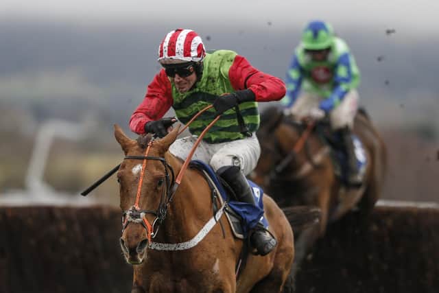 Danny Cook riding Definitly Red clear the last to win  the Cotswold Chase at Cheltenham in January 2018.