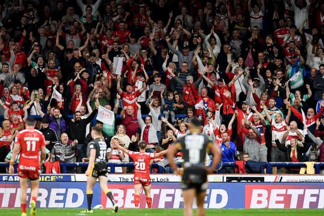 Hull KR's Mikey Lewis celebrates his try. (Will Palmer/SWpix.com)