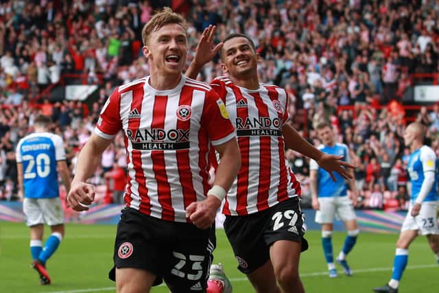Ben Osborn of Sheffield United celebrates scoring the third goal in the rout of Peterborough (Picture: Simon Bellis / Sportimage)