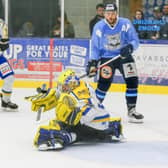 OPENING UP: Jason Hewitt, right, watches on as Leeds Knights Sam Gospel makes a glove save during last weekend's pre-season clash at Elland Road. Picture: Andy Bourke.