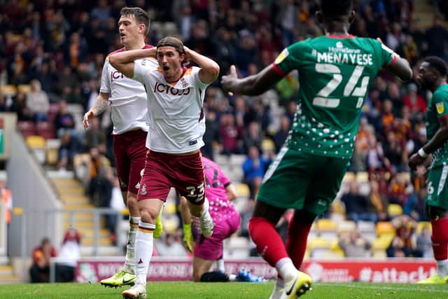 Bradford City's Oliver Crankshaw (second left) reacts after a missed chance against Walsall (Picture: PA)