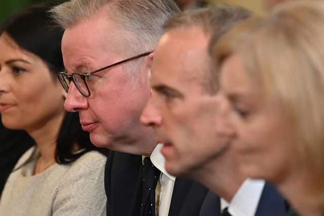 Home Secretary Priti Patel, Housing Secretary Michael Gove, Justice Secretary and deputy Prime Minister Dominic Raab, and Foreign Secretary Liz Truss, during the first Cabinet meeting since the reshuffle at 10 Downing Street (photo: PA).