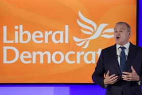 Liberal Democrat leader Sir Ed Davey giving his keynote address at One Canada Square in east London, to his his party's annual Lib Dem conference which is being held virtually this year (PA/Ian West)