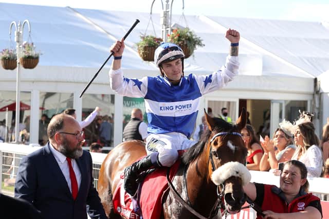 Thirsk-based Kevin Stott celebrates Bielsa's win in the  Virgin Bet Ayr Gold Cup for Hambleton trainer Kevin Ryan and King Power Racing.