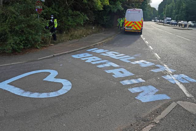 Paint on a slip road at Junction 18 of the M25, near Rickmansworth, where climate protesters carried out a further action after demonstrations which took place last week across junctions in Kent, Essex, Hertfordshire and Surrey.