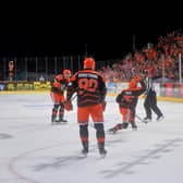 GOOD TO BE BACK: Robert Dowd celebrates his second period strike for Sheffield Steelers in front of a near-9,000 crowd at Sheffield Arena against Nottingham Panthers, who won 5-3. Picture courtsy of Dean Woolley/Steelers Media.