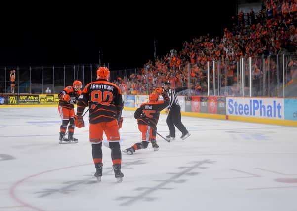 GOOD TO BE BACK: Robert Dowd celebrates his second period strike for Sheffield Steelers in front of a near-9,000 crowd at Sheffield Arena against Nottingham Panthers, who won 5-3. Picture courtsy of Dean Woolley/Steelers Media.