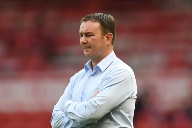 Derek Adams: Bradford City manager will make changes for tonight’s visit of the Red Devils. (Photo by Tony Marshall/Getty Images)
