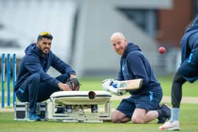 GRAND FINALE: Yorkshire coach Andrew Gale, pictured with physio Kunwar Bansil during with catching practice earlier this season, wants to make it to Lord's. Picture by Allan McKenzie/SWpix.com