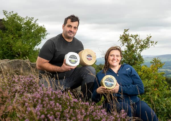 Yorkshire Pecorino.
Mario  and Sonia Olianas with cheeses on Otley Chevin.  Picture Bruce Rollinson
