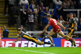 Step closer: Richie Myler scores against Hull KR to help set up Leeds Rhinos' play-off elminator with Wigan Warriors. Picture by Will Palmer/SWpix.com