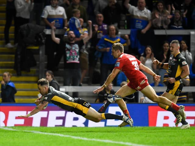 Step closer: Richie Myler scores against Hull KR to help set up Leeds Rhinos' play-off elminator with Wigan Warriors. Picture by Will Palmer/SWpix.com