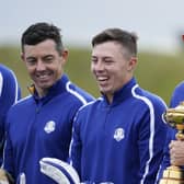Team Europe captain Padraig Harrington, Sheffield's Matt Fitzpatrick and Rory McIlroy pose for a team photo. (AP Photo/Jeff Roberson)