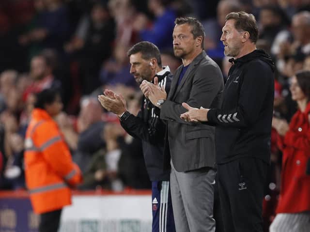 Rival managers Slavisa Jokanovic and Ralph Hasenhuttl join in a minutes' applause for the late, great Jimmy Greaves before kick-off at Bramall Lane. Picture: SPORTIMAGE.