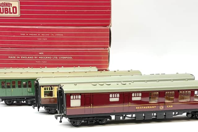 One of more than 200 lots going up for auction - Hornby Dublo - four coaches in Export boxes comprising 4070 (4220) Restaurant Car Estimate £150 - £250