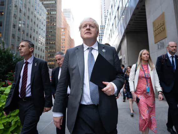 Prime Minister Boris Johnson walks to a television interview in New York whilst attending the United Nations General Assembly during his visit to the United States (PA/Stefan Rousseau)