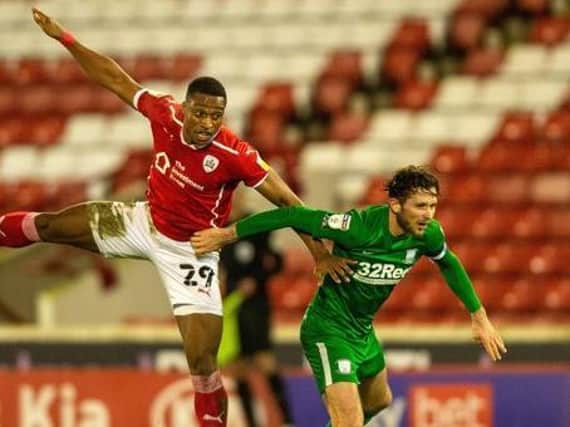Barnsley FC striker Victor Adeboyejo, pictured scoring against Preston last December. It was the last time he found the net for the Reds. Picture: Bruce Rollinson.