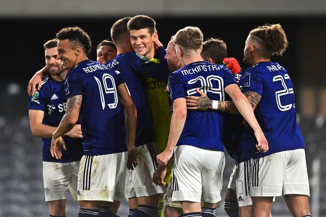 Leeds United celebrate winning the penalty shootout after Illan Meslier saves  Picture: Bruce Rollinson