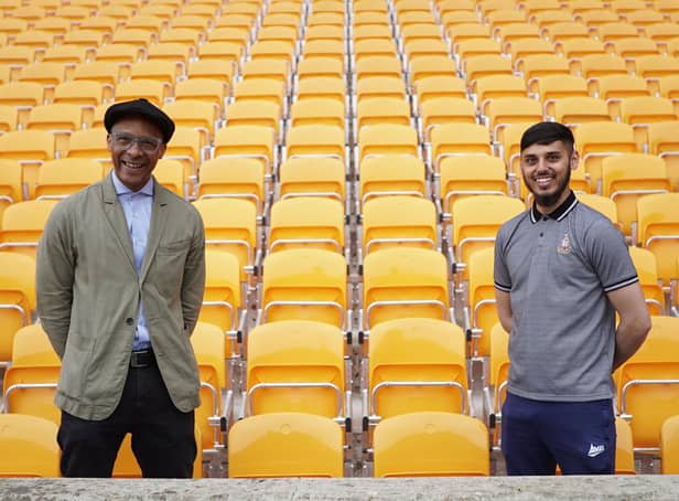 Jay Blades and Qasim at Bradford City in tonight's episode of Jay's Yorkshire Workshop.