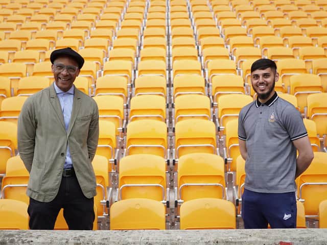 Jay Blades and Qasim at Bradford City in tonight's episode of Jay's Yorkshire Workshop.