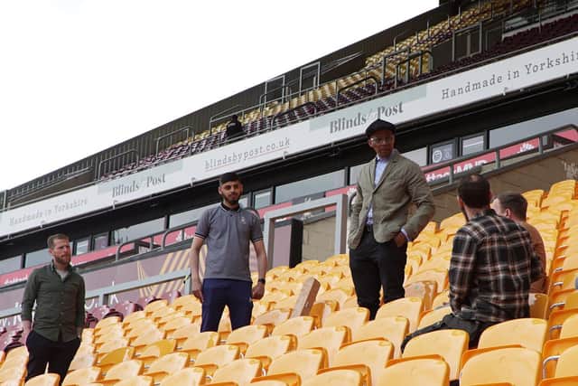 Billy Clarke, far left, joins Jay Blades and Qasim at Bradford City in tonight's episode of Jay's Yorkshire Workshop.