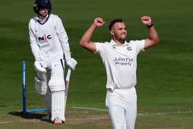 Nottinghamshire's Dane Paterson celebrates taking the wicket of Yorkshire's Harry Duke. Picture: PA