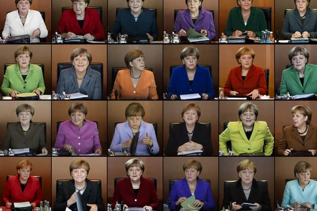 FILE - In this combo from file photos taken between 2009 and 2016 German Chancellor Angela Merkel is shown wearing her iconic blazers in different colors, as she leads the weekly cabinet meeting at the chancellery in Berlin.