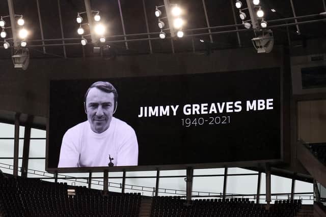 A LED screen is seen inside the stadium display a tribute message to Jimmy Greaves MBE prior to the Premier League match between Tottenham Hotspur and Chelsea at Tottenham Hotspur Stadium on September 19 (Picture: Catherine Ivill/Getty Images)