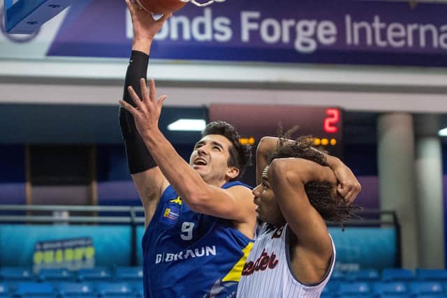 Jordan Ratinho scores for Sheffield Sharks against Leicester Riders at Ponds Forge in February.  Picture: Bruce Rollinson