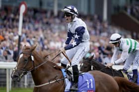 Ray Dawson celebrates as he rides Zain Claudette to victory in The Sky Bet Lowther Stakes at York Racecourse.