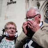 Former post office worker Noel Thomas, who was convicted of false accounting in 2006, celebrates with his daughter Sian outside the Royal Courts of Justice, London, after having his conviction overturned by the Court of Appeal in April. Picture: PA
