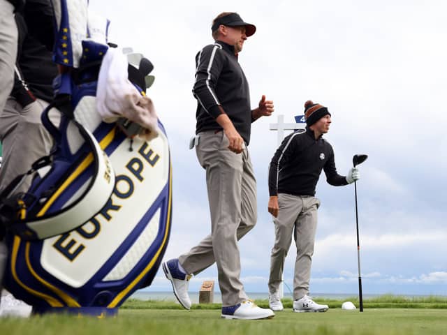 Ian Poulter with European team-mate Matt Fitzpatrick  on the fourth tee during practice. Pictures: Richard Heathcote/Getty Images