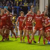 Hull KR players celebrate another try. (BRUCE ROLLINSON)