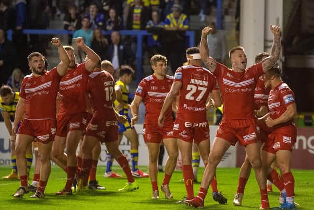 Hull KR players celebrate another try. (BRUCE ROLLINSON)