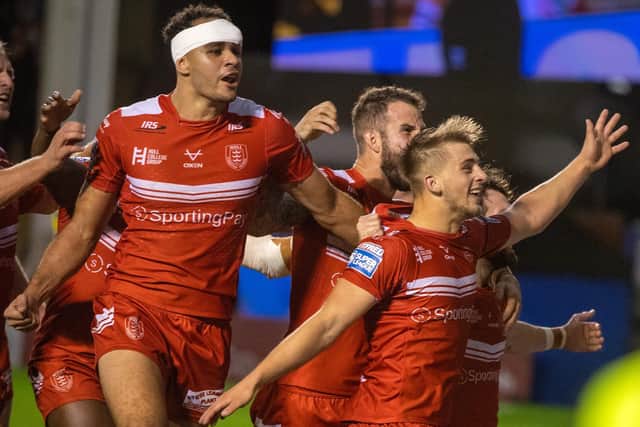 Hull KR's Mikey Lewis celebrates his stunning solo try (BRUCE ROLLINSON)