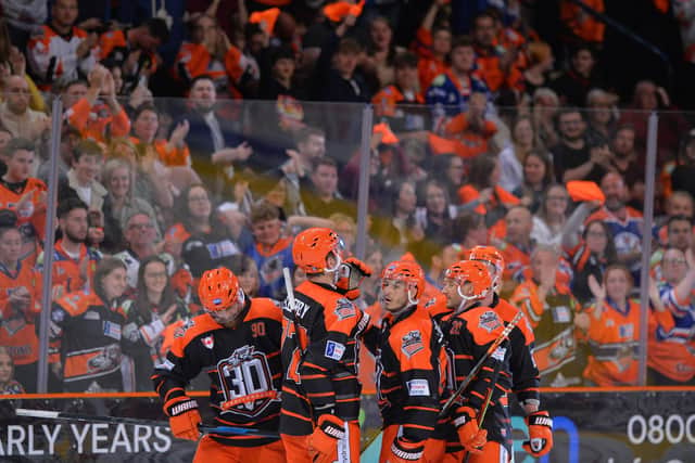 Sheffield Steelers celebrate a goal in their 5-3 defeat to Nottingham at Sheffield Arena last Sunday, a night when Steelers' fans poured back into the venue for the first time since February 2020. Picture:

Dean Woolley/Steelers Media