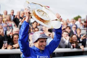 This was William Buick celebrating the St Leger win of Hurricane Lane earlier this month.