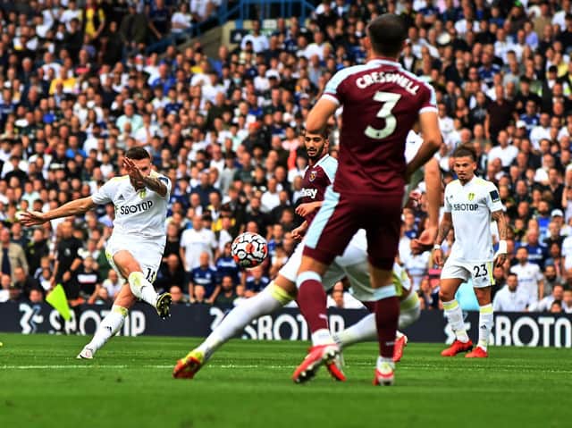 Raphinha fires home to open the scoring for Leeds United against West Ham. Picture: Bruce Rollinson.