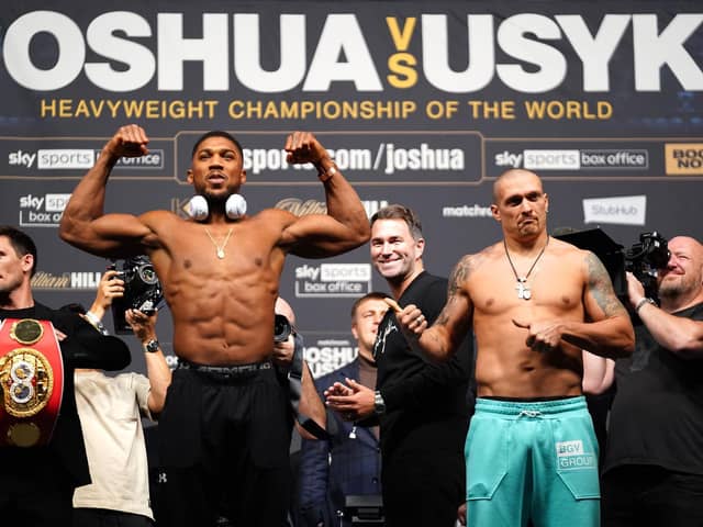 Anthony Joshua (left) and Oleksandr Usyk during a weigh in at The O2 London