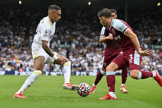 Leeds United's Raphinha moves in past West Ham's Aaron Cresswell, the Brazilian winger impressive once again. Picture: Bruce Rollinson