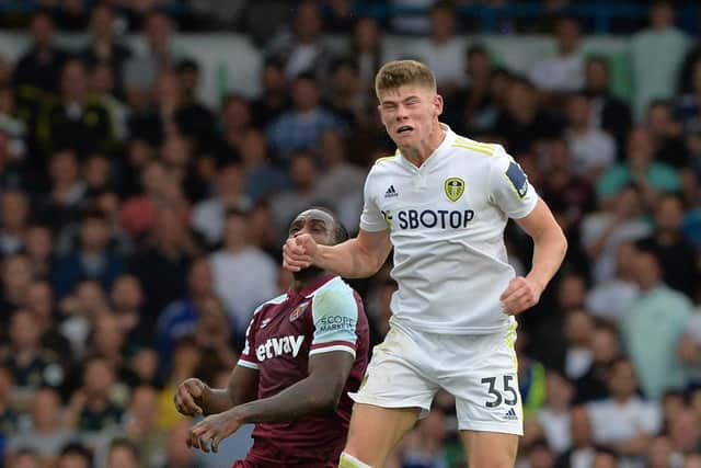 Charlie Cresswell beats Michail Antonio to a high ball at Elland Road Picture: Bruce Rollinson