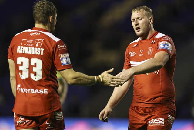 BATTLING DISPLAY: Hull Kingston Rovers' Jordan Abdull and Jimmy Keinhorst celebrate their victory at Warrington.  Picture: Paul Currie/SWpix.com