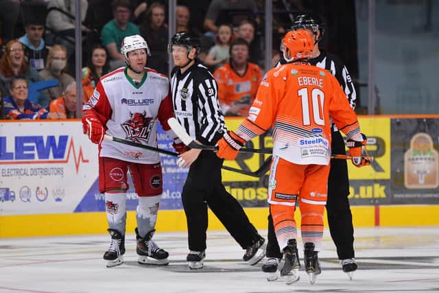 Former Sheffield Steelers' defenceman Ben O'Connor, shares a few words with former team-mate Tanner Eberle. Picture: Dean Woolley/Steelers Media.
