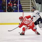 Matt Bissonnette battles with Swindon Wildcats' Tomasz Malasinski during Saturday's 7-2 win at Ice Sheffield in the NIHL Autumn Cup. Picture via Steeldogs Media.