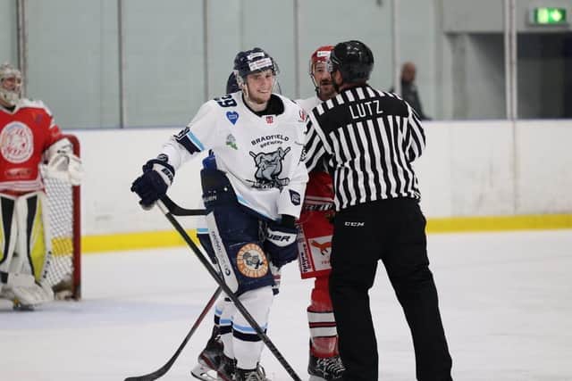 Nathan Ripley enjoyed himself in the 7-2 win over Swindon at ice Sheffield. Picture courtesy of Steeldogs Media.